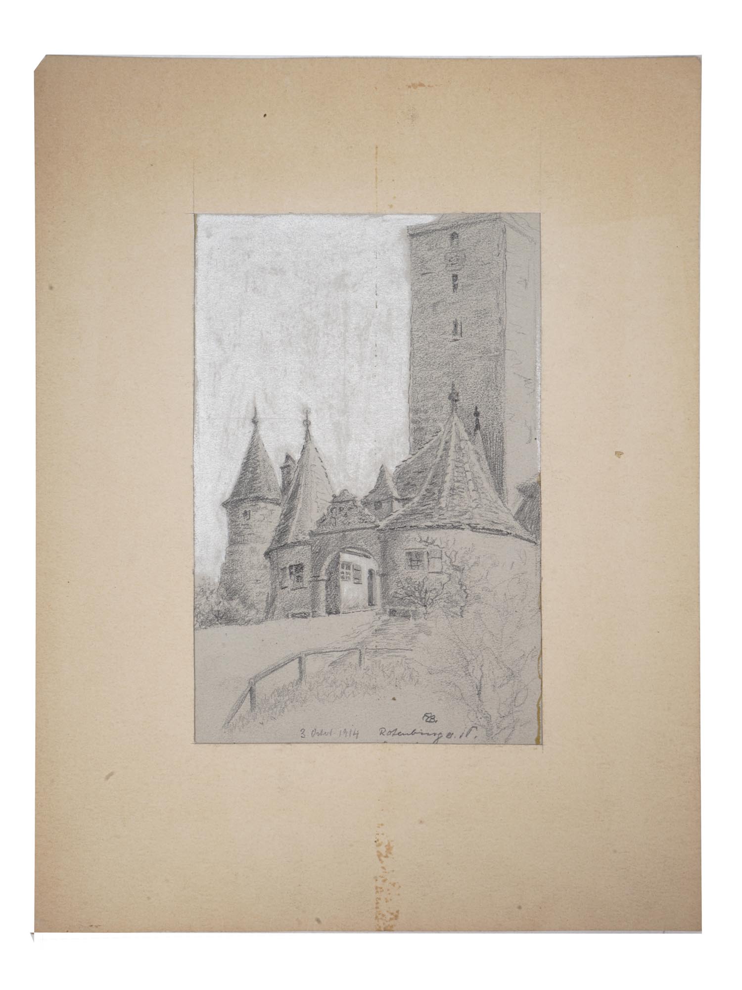 1914 PENCIL DRAWING OF A MEDIEVAL CASTLE SIGNED PIC-0